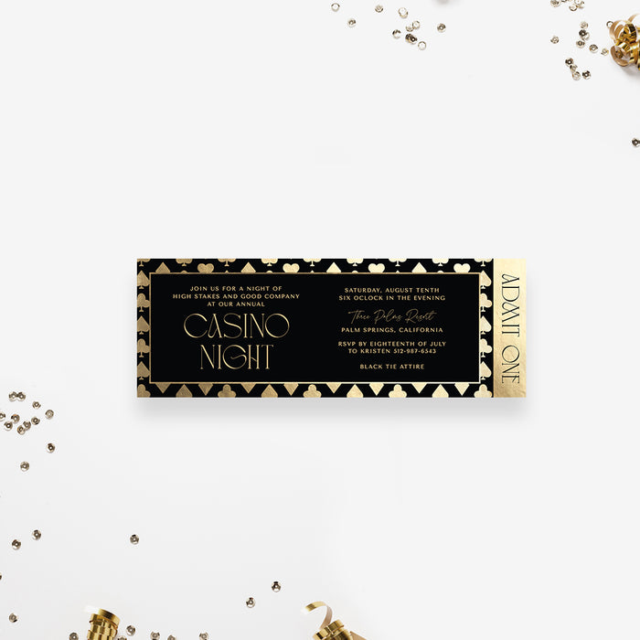 Annual Casino Night Ticket Invitation Card in Black and Gold, Las Vegas Themed Birthday Invites, Elegant Ticket Passes for Business Events