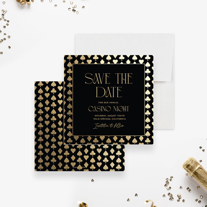Elegant Annual Casino Night Save the Date Cards in Black and Gold, Las Vegas Save the Dates for Corporate Events
