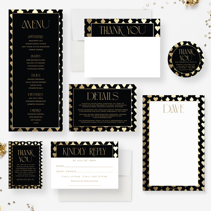 Elegant Annual Casino Night Invitation Card in Black and Gold, Las Vegas Themed Birthday Invitations for Adults, Gambling Party for Business Events
