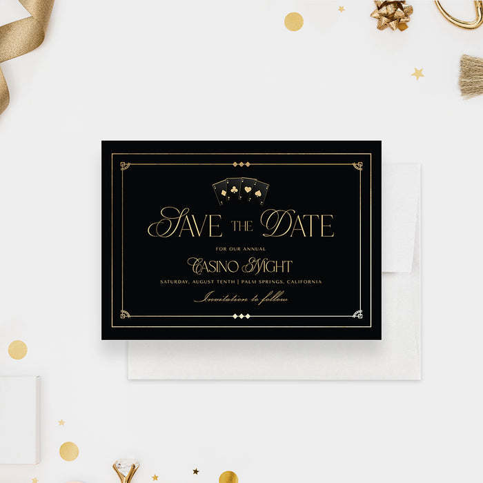 Gold and Black Save the Date Card for Casino Night Party with Four Aces, Poker Night Birthday Save the Dates, Las Vegas Save the Dates
