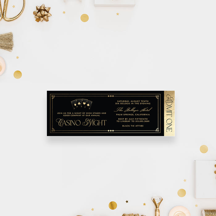 Gold and Black Ticket Invitation Card for Casino Night Party with four Aces, Las Vegas Themed Company Gala Event Ticket Passes