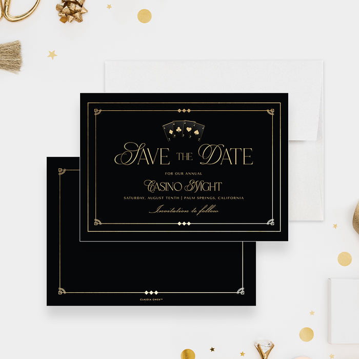 Gold and Black Save the Date Card for Casino Night Party with Four Aces, Poker Night Birthday Save the Dates, Las Vegas Save the Dates