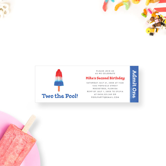 Ice Pop Ticket Invitation Card for 2nd Birthday Party, Popsicle Summer Pool Party Invites for Kids Party, Freezer Pop Ticket Passes