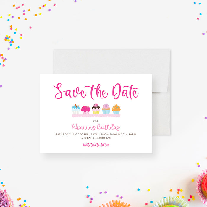 Cupcake Save the Date Card for Kids Birthday Party, Cute Baking Theme Save the Date Card, Cake Decorating Birthday Save the Dates