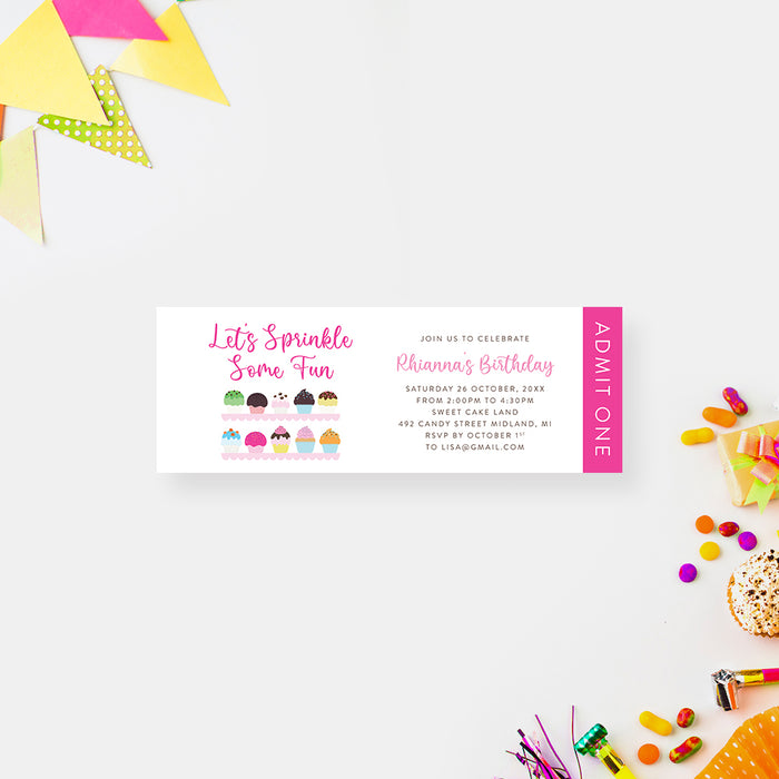 Lets Sprinkle Some Fun Ticket Invitation Card for Little Girls Birthday Party, Cute Ticket Passes for Cake Decorating Celebration, Baking Party Theme Ticket Invites