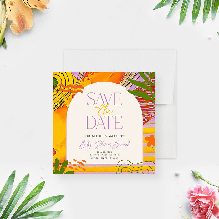 Sunny Baby Shower Save the Date Card with Colorful Abstract Art, Save the Date Card for Summer Party
