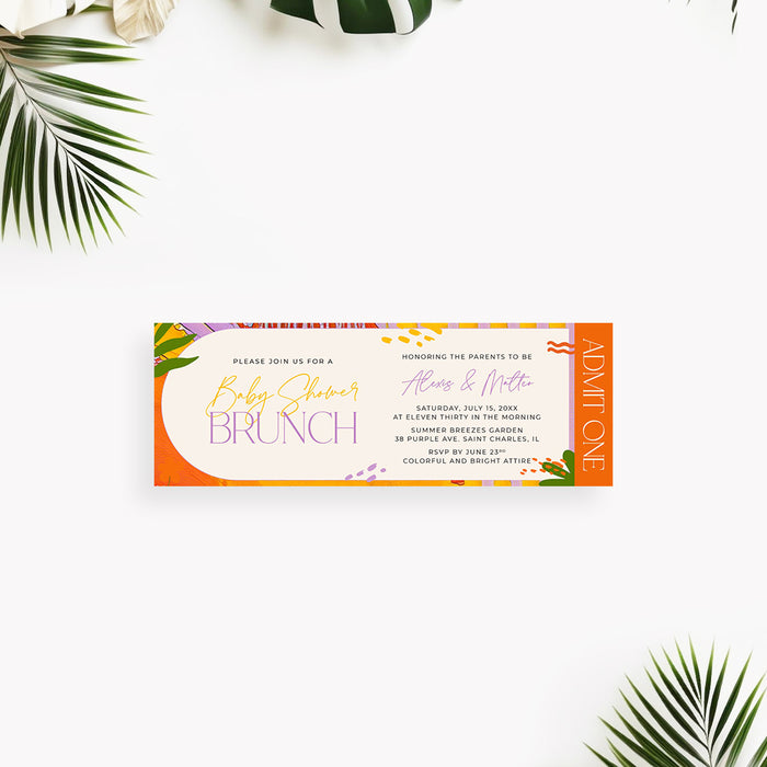 Sunny Baby Shower Ticket Invitation Card with Colorful Abstract Art, Summer Birthday Brunch Party Ticket Invites