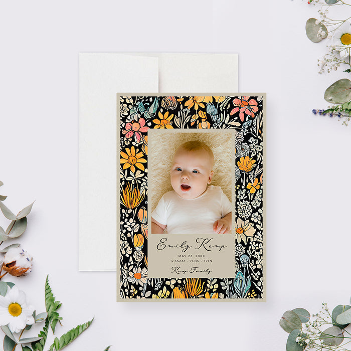 Floral Baby Announcement Card with Photo, Colorful Birth Announcement Cards with Flowers