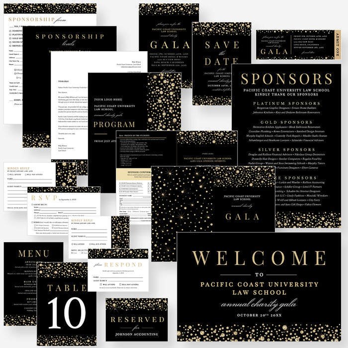 Black and Gold Gala Party Invitation Template, Business Sponsorship Form Digital Download, RSVP Card, Event Program Template, Ticket Invite