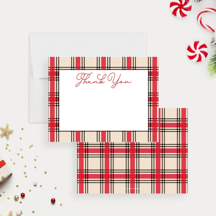 Holiday Thank You Note Card, Personalized Note Card for Christmas with Festive Plaid Design, Christmas Greeting Cards for Family or Business Use