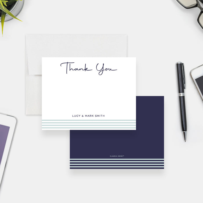 Personalized Minimalist Note Card with Stripes, Custom Stationery for Men, Birthday Thank You Note, Simple Thank You Card for Birthday Party in Navy Blue