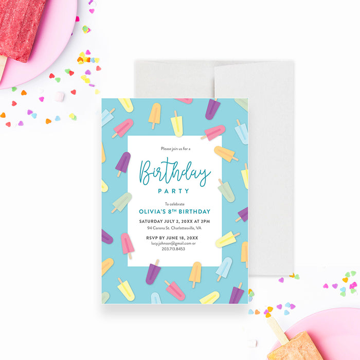 Popsicle Birthday Invitation for Kids, Summer Birthday Invitation Card, Ice pop Invites for 5th 6th 7th 8th Birthday Celebration, Chill with us Popsicle Party Invitations