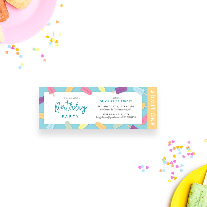 Popsicle Birthday Party Ticket Invitation for Kids, Popsicle Party Ticket Invites for 5th 6th 7th 8th Birthday Celebration, Summer Ice Pop Ticket Cards