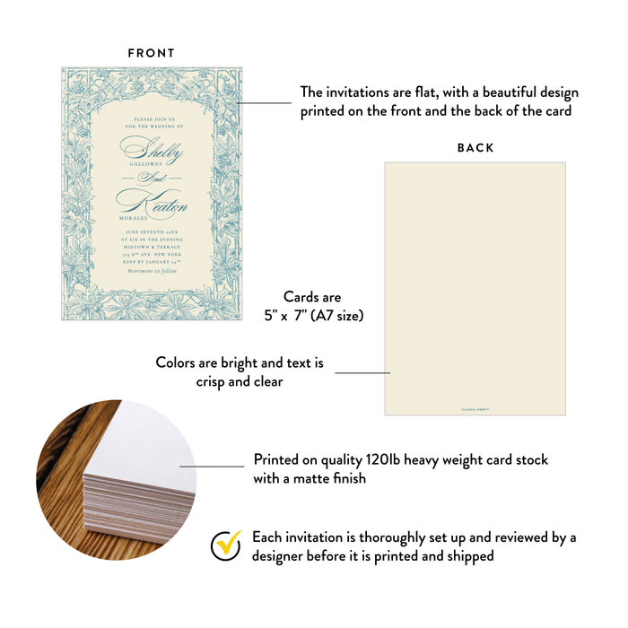 Vintage Blue Botanical Wedding Invitation with Floral Frame