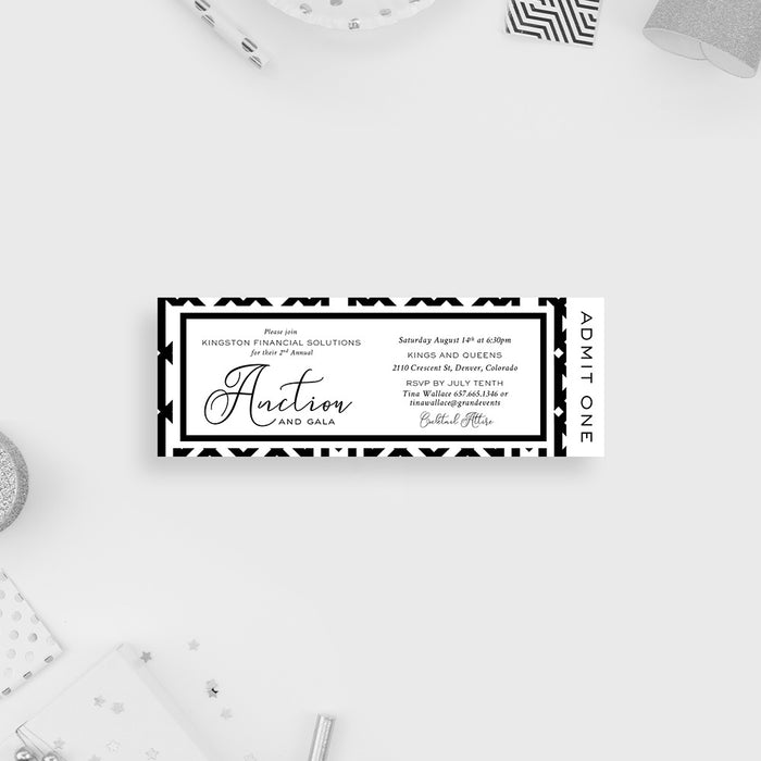 Black and White Ticket Invitation Card for Annual Auction and Gala Party, Monochrome Ticket Invites, Corporate Team Dinner Ticket Invitation