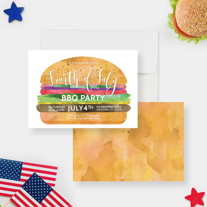 4th of July BBQ Party Invitation Digital Download with Burger Illustration, Independence Day BBQ Party Invites, Fourth of July Cookout Invitations