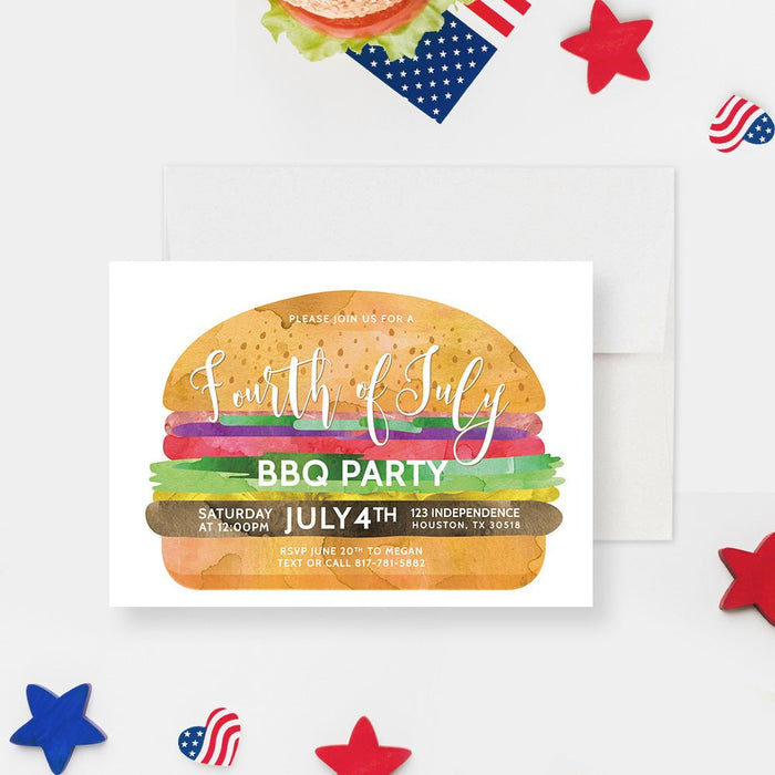 4th of July BBQ Party Invitation Digital Download with Burger Illustration, Independence Day BBQ Party Invites, Fourth of July Cookout Invitations