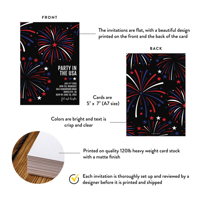 Fourth of July Party Invitation with Patriotic Fireworks Design