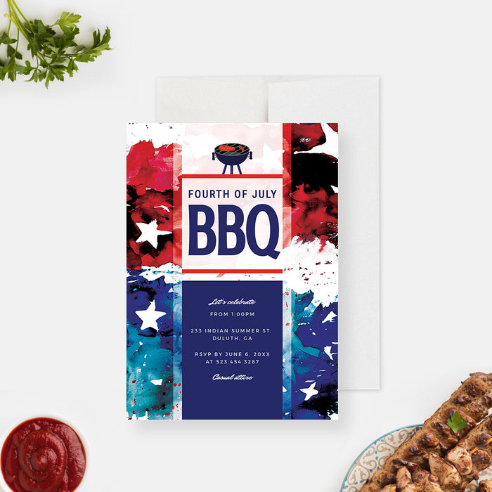 Fourth of July BBQ Party Invitation Digital Download, Patriotic Independence Day Cookout Party Invites