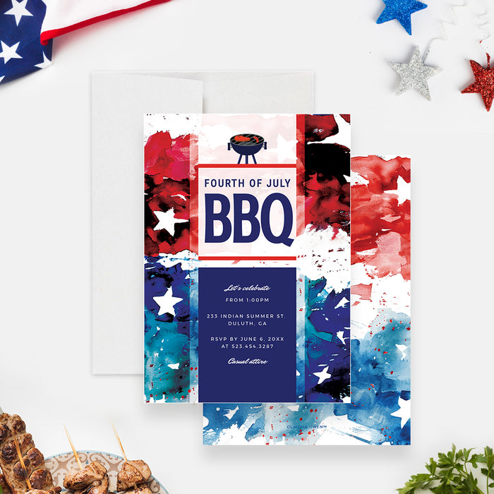 Fourth of July BBQ Party Invitation Digital Download, Patriotic Independence Day Cookout Party Invites