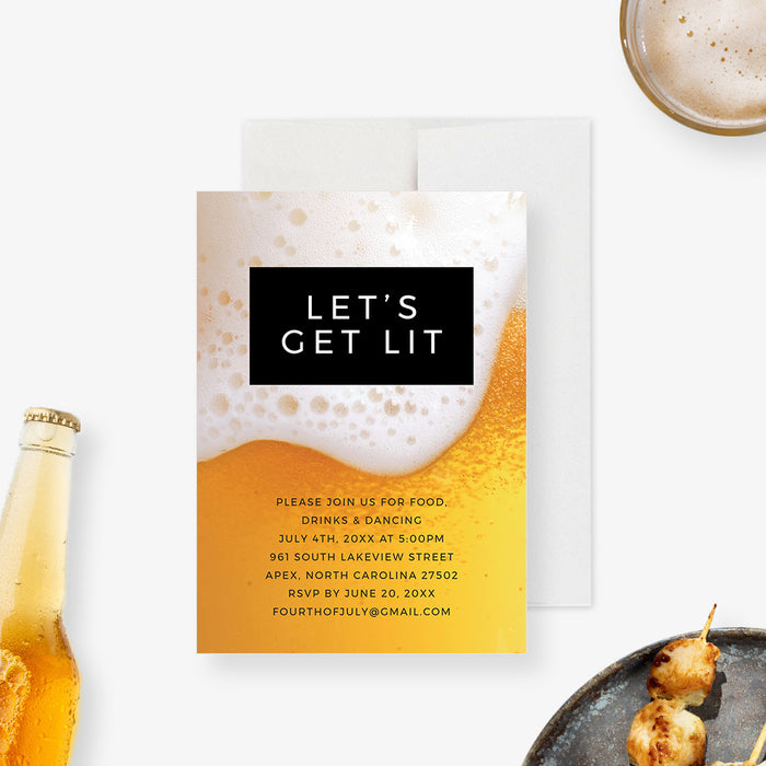 Let's Get Lit 4th of July Party Invitation with Beer Illustration Digital Download, Fun Independence Day Party Template