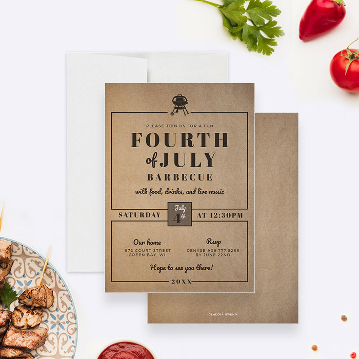 Fourth of July BBQ Party Invitation Digital Download with Brown Paper Rustic Feel, Barbecue Party Template