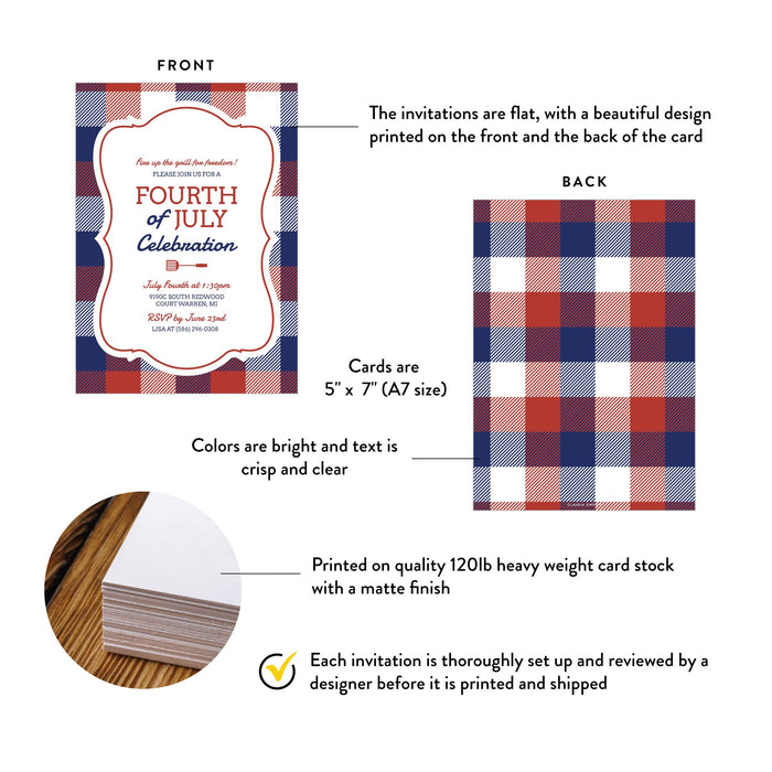 Fourth of July BBQ Invitation Patriotic Plaid Grill Party