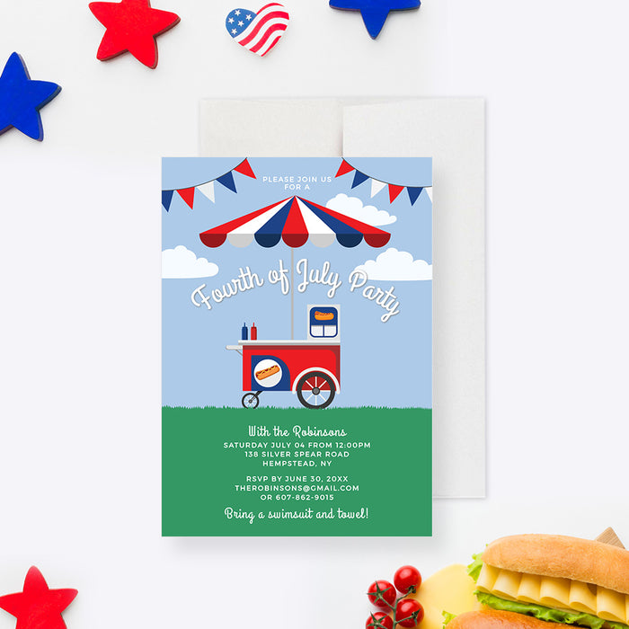 Fourth of July Food Cart Party Invitation Digital Download, July 4th Birthday Invitation Card Template