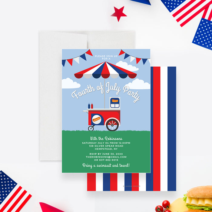 Fourth of July Food Cart Party Invitation Digital Download, July 4th Birthday Invitation Card Template