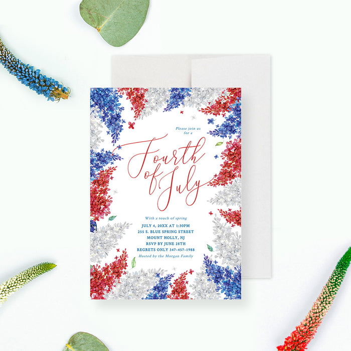 Fourth of July Party Invites with Flower Illustrations Digital Download, Floral Patriotic Independence Day Invitation Template