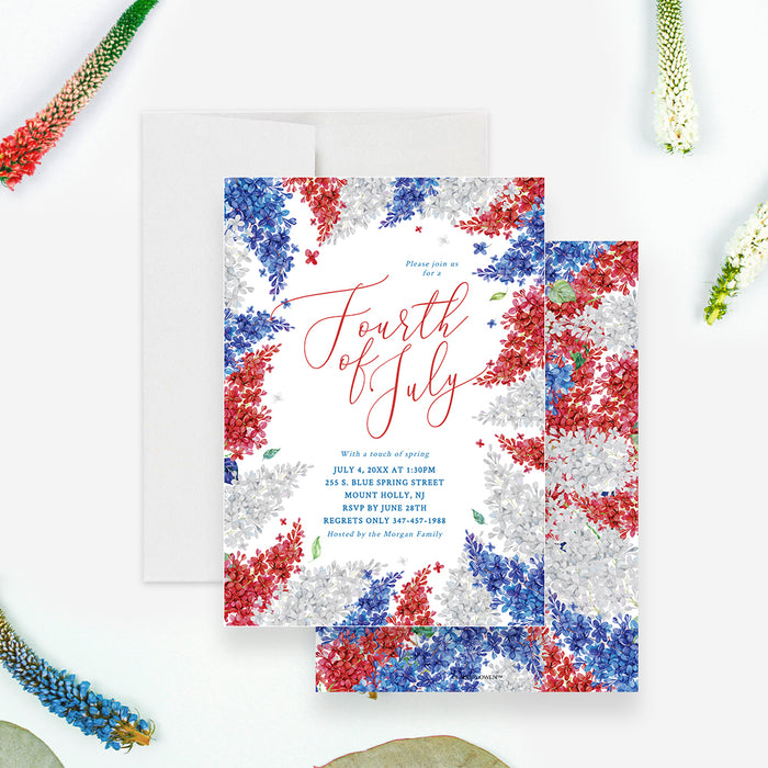 Fourth of July Party Invites with Flower Illustrations Digital Download, Floral Patriotic Independence Day Invitation Template