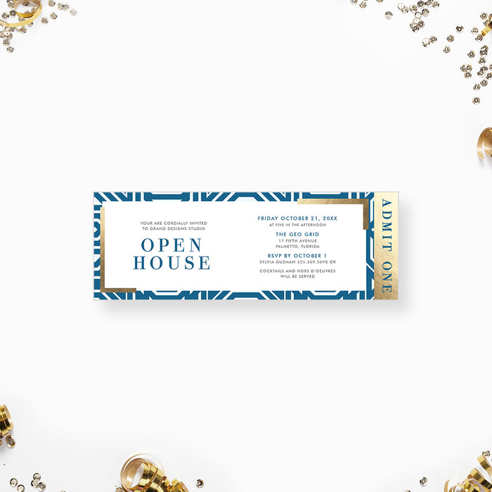 Geometric Blue and Gold Ticket Invitation Card for Corporate Open House Party, Company Event Tickets, Elegant Ticket Card