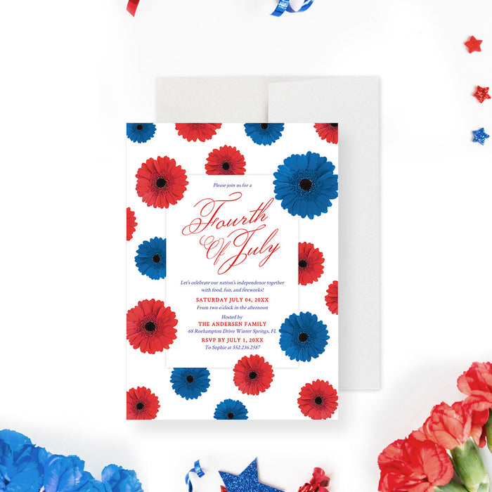 July Fourth Party Invitation with Blue and Red Flowers Digital Download, Patriotic Independence Day Celebration Template