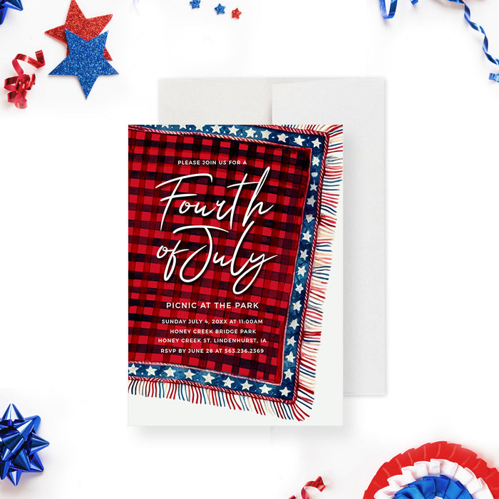 Fourth of July Picnic Party Invitation with Red White and Blue Picnic Blanket Digital Download, Memorial Day Party Invitation Template