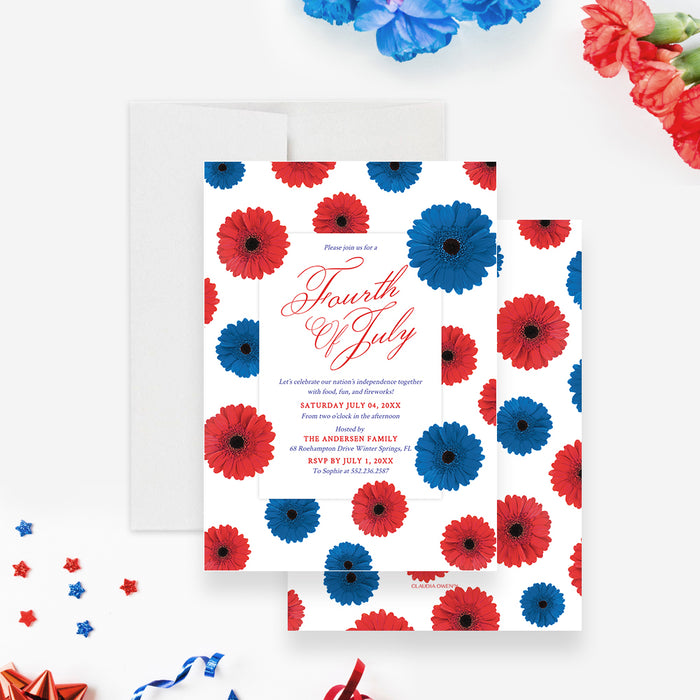 July Fourth Party Invitation with Blue and Red Flowers Digital Download, Patriotic Independence Day Celebration Template