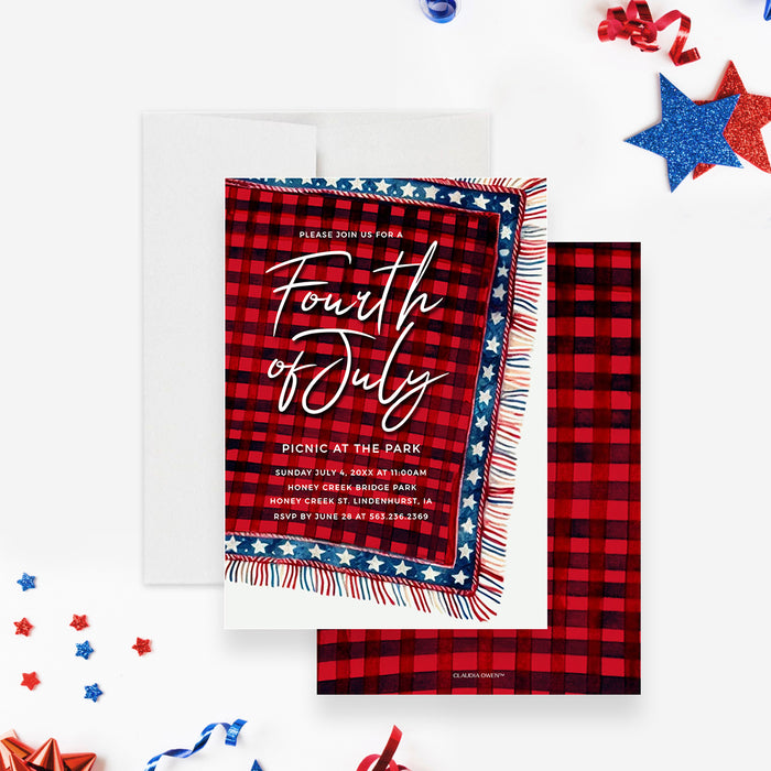 Fourth of July Picnic Party Invitation with Red White and Blue Picnic Blanket Digital Download, Memorial Day Party Invitation Template