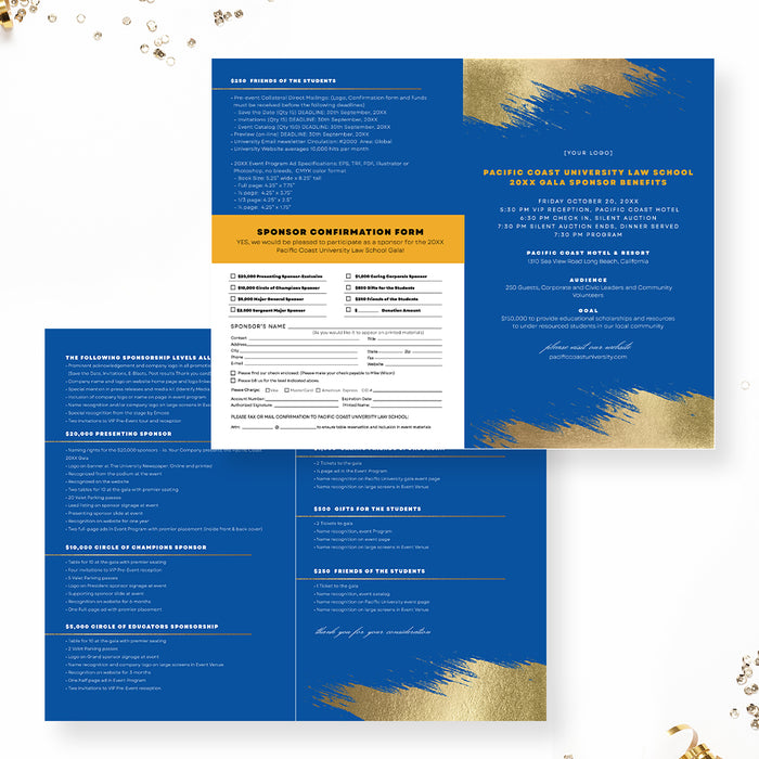 Gala Invitation Set in Blue and Gold, Business Sponsorship Form Digital Download, Event Program with RSVP Form, Save the Date