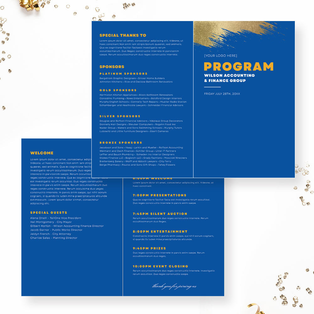Program Insert Gala Gala Program in Blue and Gold, Editable Folded Program Digital Templat