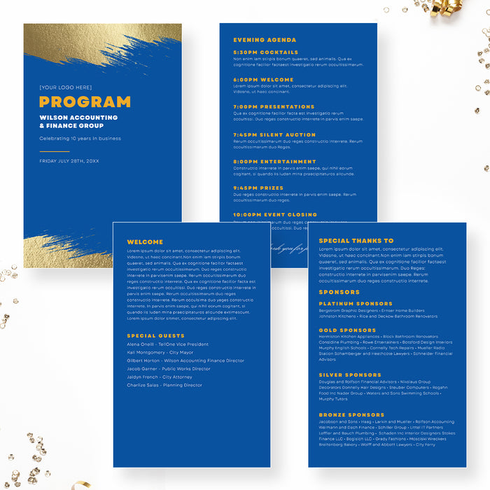 Gala Program in Blue and Gold, Editable Folded Program Digital Template for Formal Events, Business Brochure Template