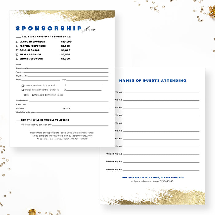 Gala Invitation Set in Blue and Gold, Business Sponsorship Form Digital Download, Event Program with RSVP Form, Save the Date