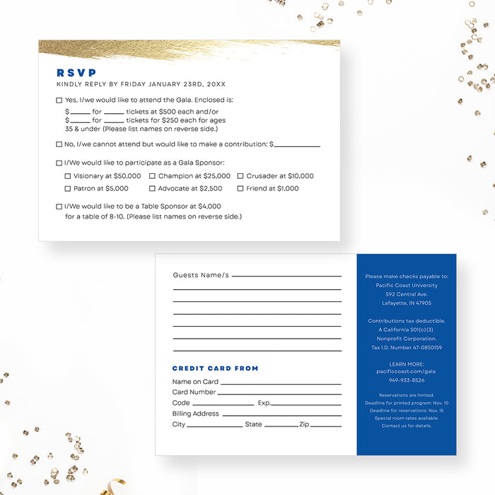 Gala Invitation Set in Blue and Gold, Business Sponsorship Form Digital Download, Event Program with RSVP Form, Save the Date