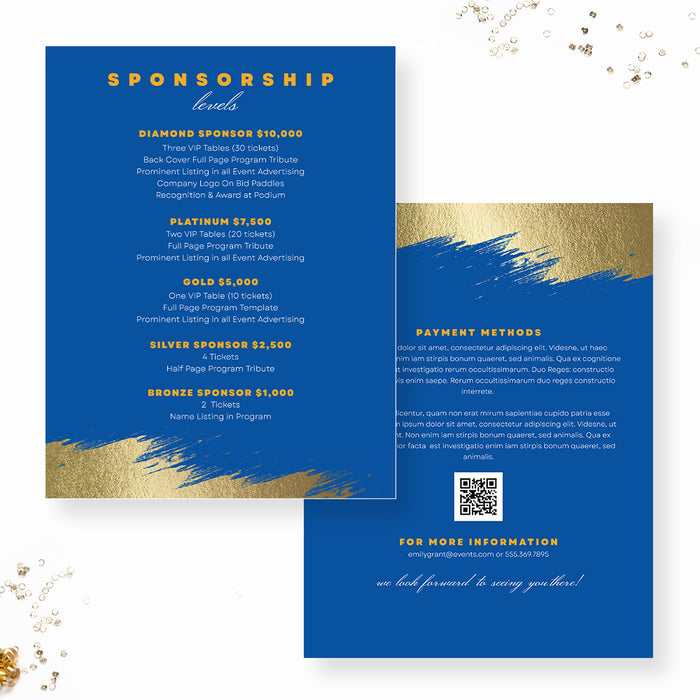 Gala Invitation Set in Blue and Gold, Business Sponsorship Form Digital Download, Event Program with RSVP Form, Save the Date