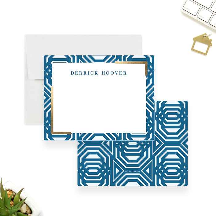 Geometric Blue and Gold Notecard for Men, Elegant Correspondence Card for Business, Client Appreciation Card, Custom Gift for Him