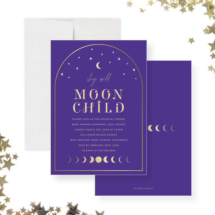 Stay Wild Moon Child Baby Shower Party Invitation Template, Celestial Baby Shower Invites Digital Download in Gold and Purple with Stars