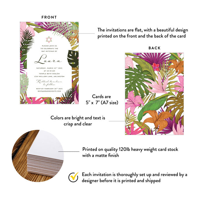 Bat Mitzvah invitation card with tropical design on front and back