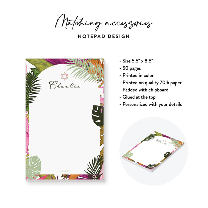 Notepad with tropical leaf design and personalized text on a white background