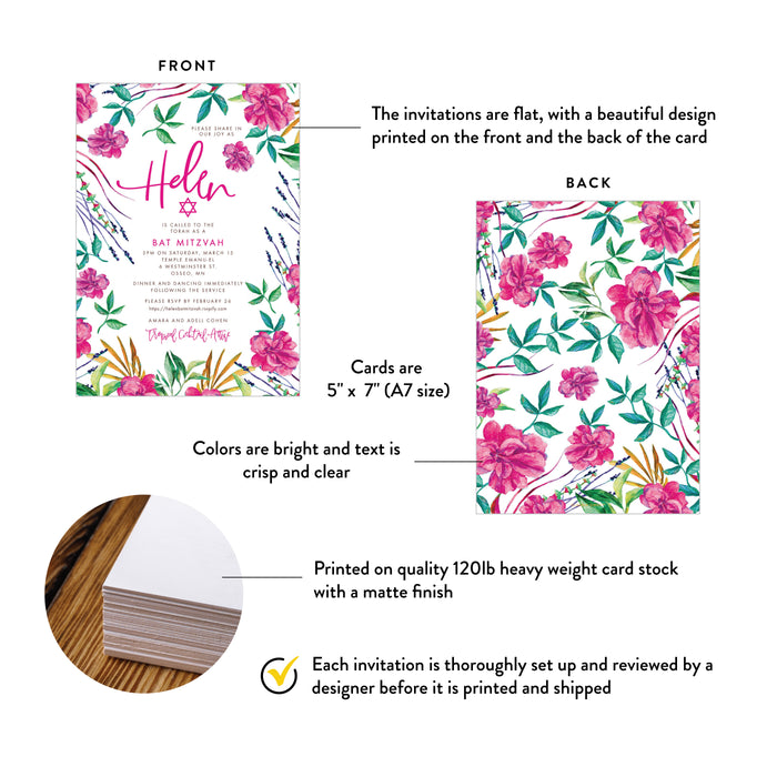 Floral Bat Mitzvah Invitation Pink Botanical Jewish Invite