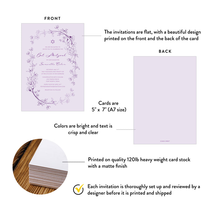Lavender Bat Mitzvah Invitation Floral Design Star of David