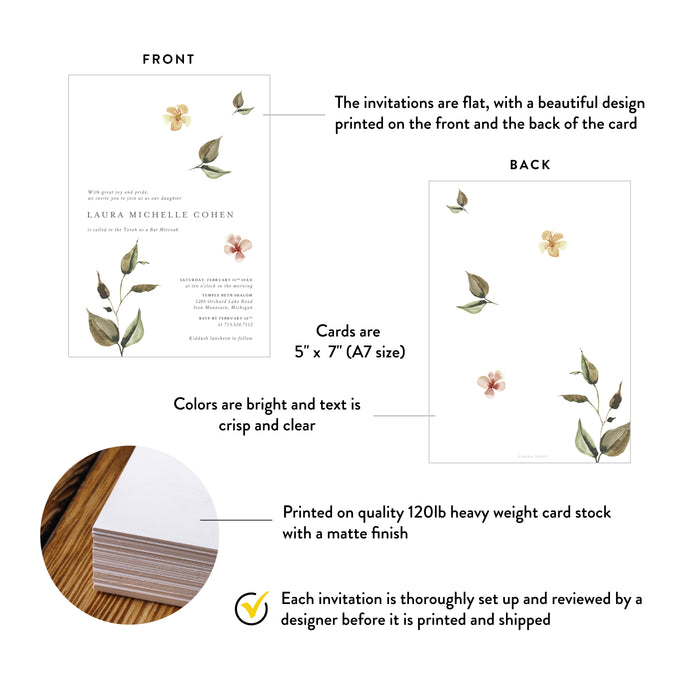 Botanical Bat Mitzvah Invitation Elegant Floral Jewish Invite