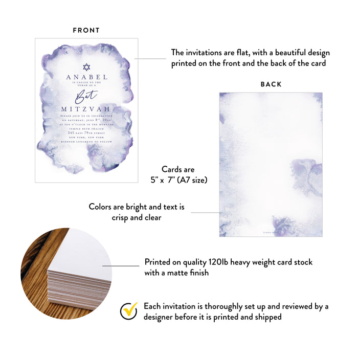 Bat Mitzvah Invitation Purple Watercolor Elegant Jewish Invite